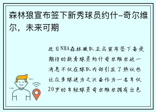 森林狼宣布签下新秀球员约什-奇尔维尔，未来可期
