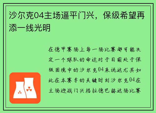 沙尔克04主场逼平门兴,保级希望再添一线光明